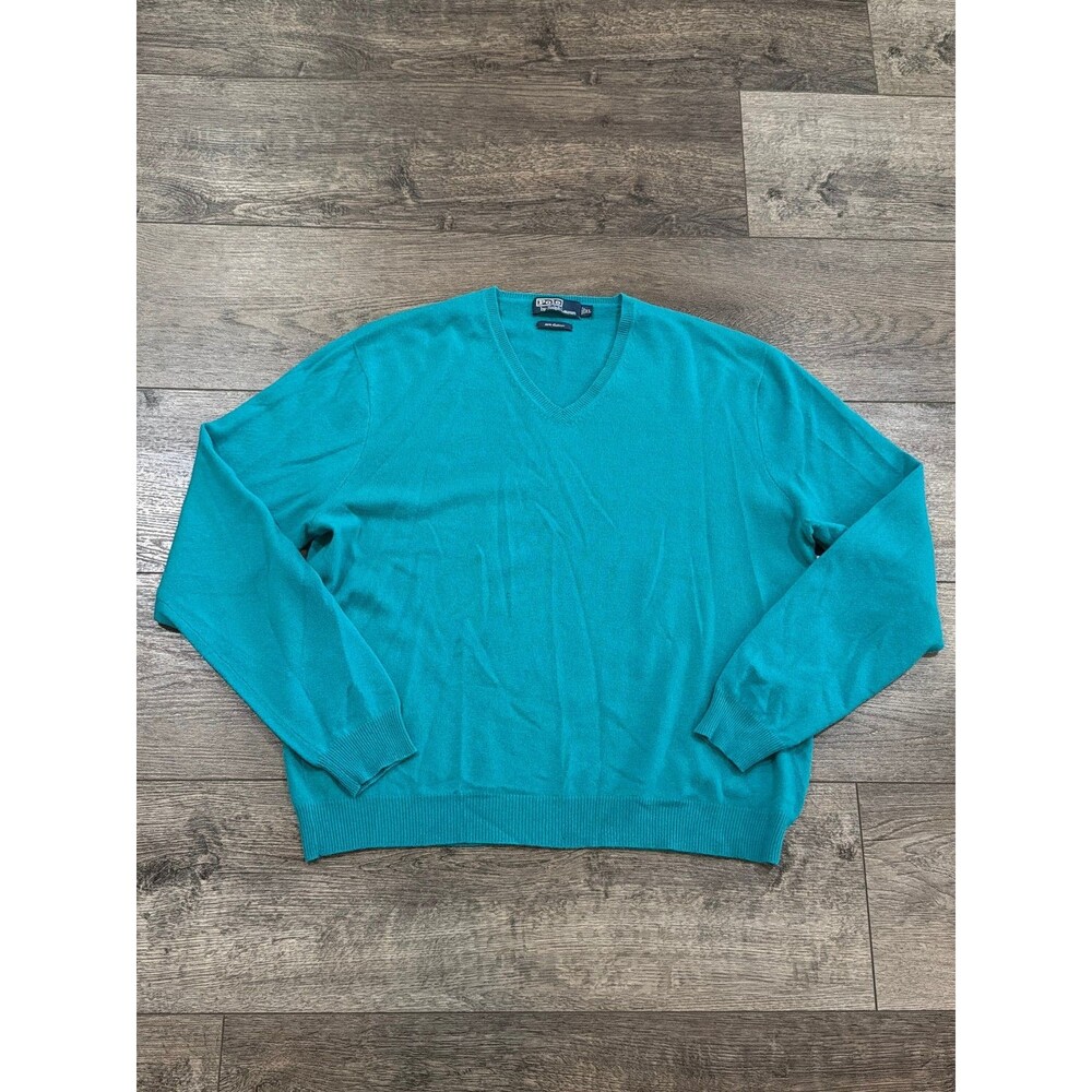 Vintage 90s Polo Ralph Lauren Men's XL 100% Cashmere V-Neck Sweater Teal